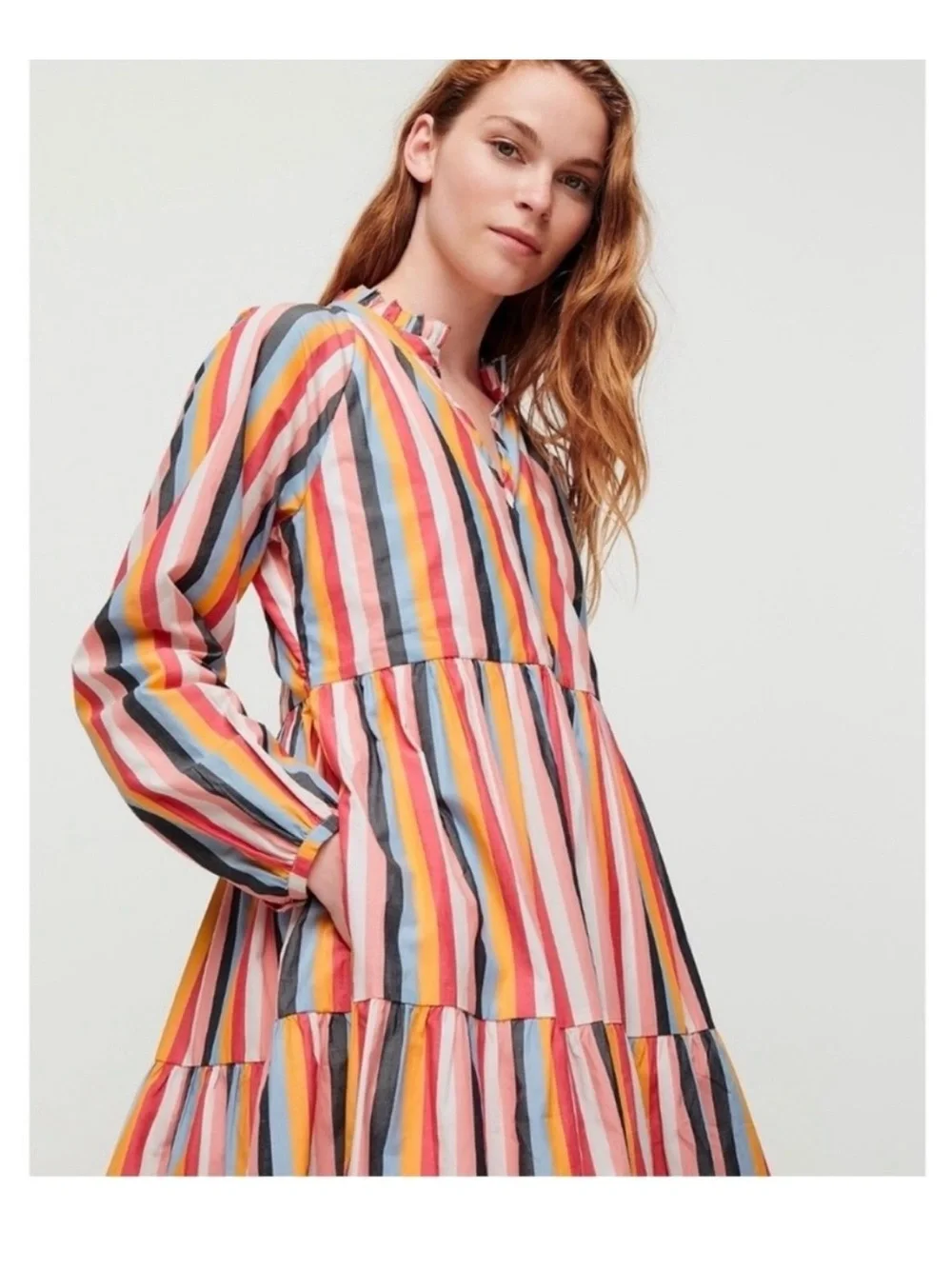 J. Crew Multi-Stripe Tiered Long-Sleeve Dress in Pink, Yellow, Blue, Gray